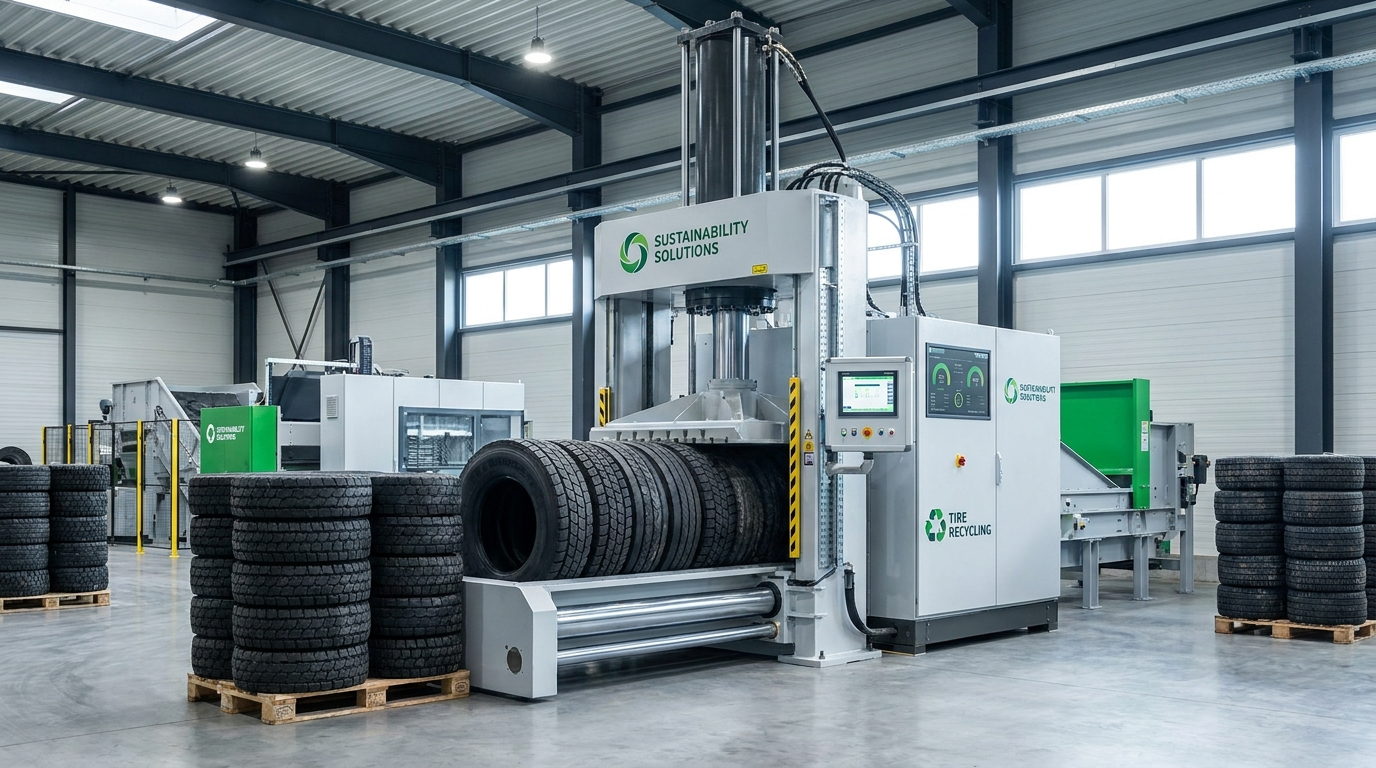 Máquina compactadora hidráulica industrial procesando llantas fuera de uso